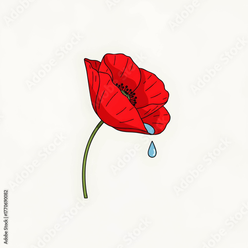 A vibrant red poppy flower with a single tear falling from its petals, isolated.