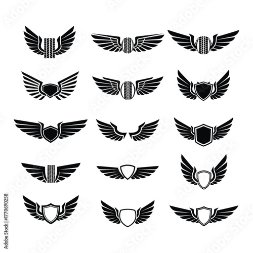 Collection of shield and wing emblems, heraldic crests, badges, and logos for automotive, sports, and security themes, isolated on white background