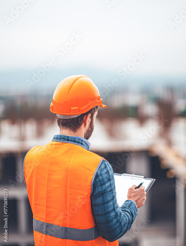 A construction worker in an orange safety vest and hard hat reviews plans on a clipboard at a building site.