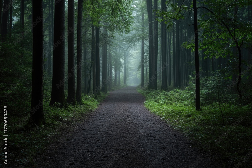 Obraz premium Quiet forest path with trees and soft lighting