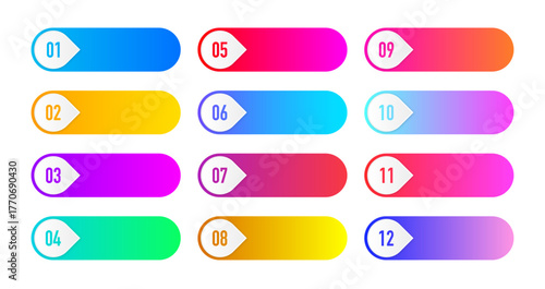 Collection arrows bullet point triangle flags isolated on white background. Colorful gradient markers. Number from 1 to 12. Vector