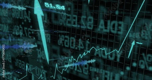 Rising dotted graph on trading terminal with numeric overlays spikes teal arrows and digital globe