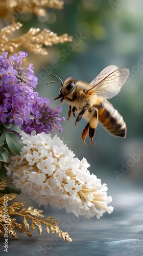 Beautiful Honeybee Collecting Pollen from Blooming Flowers in Nature