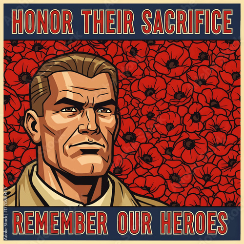 Illustration honoring fallen heroes with a solemn soldier's portrait against a field of red poppies.