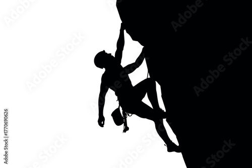 Silhouette of a rock climber ascending a steep cliff face against a white background.