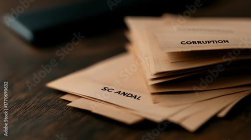 Documents highlighting scandal and corruption, representing corporate wrongdoing, ethical concerns, and potential legal battles. The weight of consequences looms.