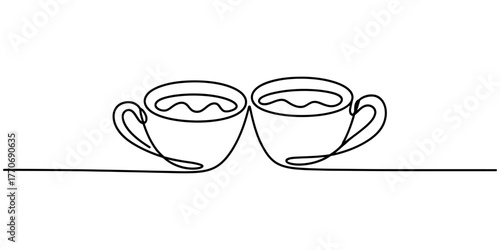 Continuous one line drawing of two coffee cups with wavy liquid inside minimalist art vector