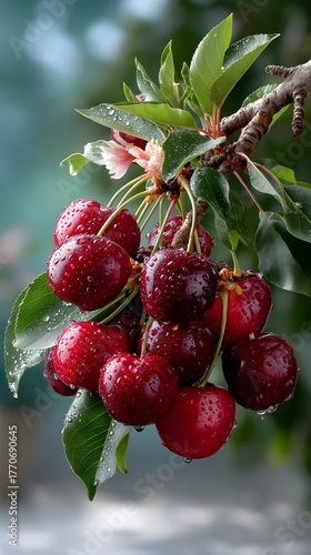 Fresh Cherries With Water Droplets Hanging From Green Branch