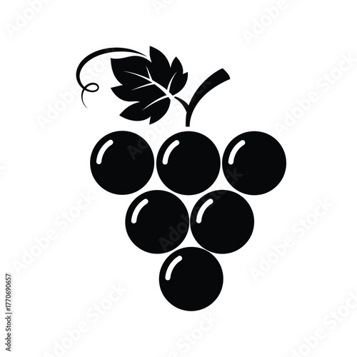Black silhouette of a bunch of grapes with a leaf and stem, isolated on white background
