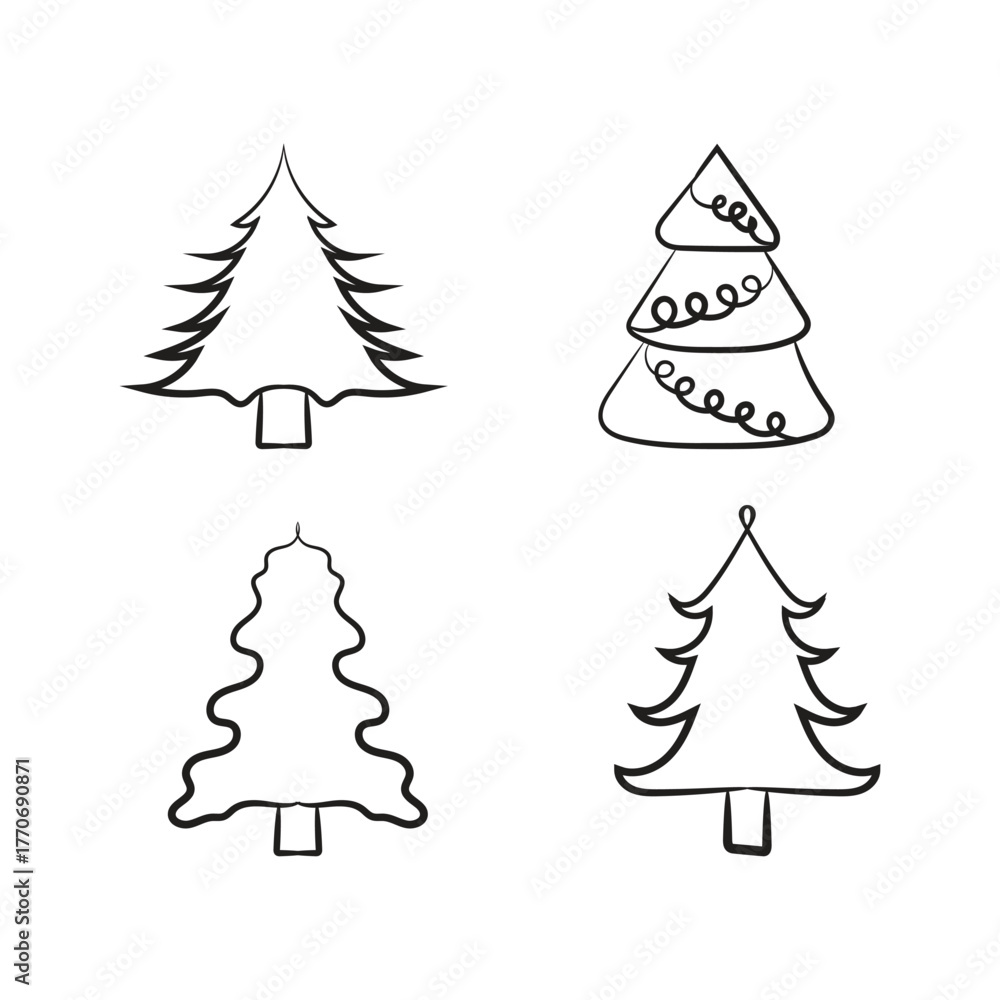 Obraz premium Christmas-tree outline, Evergreen Christmas tree icon vector. Festive Holiday Line Art Illustration.
