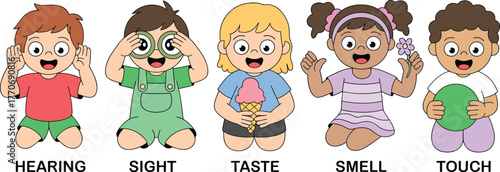 Cartoon children showing five senses, sight, hearing, taste, smell, touch, educational illustration, sensory learning, kids activity, colorful design