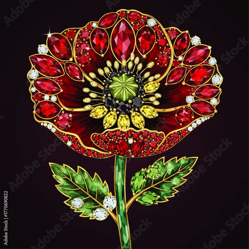 A vibrant, ornate brooch shaped like a poppy, adorned with sparkling gemstones and gold.