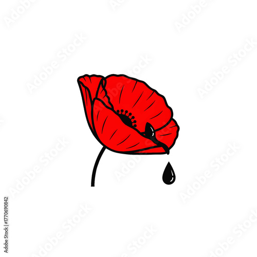 Illustration of a red poppy flower with a black stem and a single black teardrop falling from its bloom.
