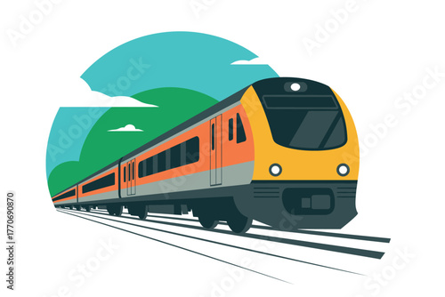 A modern commuter train travels along the tracks through a stylized landscape.