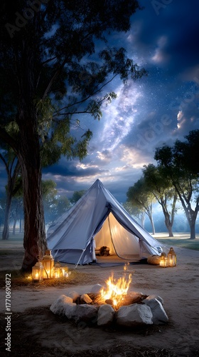 Cozy Campsite Under a Starry Sky with Lanterns and Campfire Glow