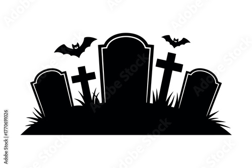 Silhouette of gravestones and bats at night, creating a spooky Halloween scene.