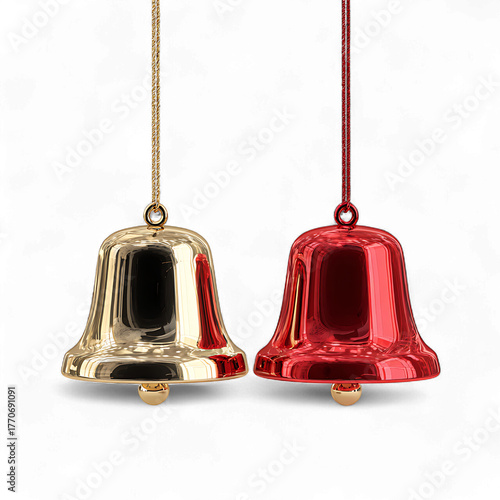 Two festive christmas bells, one gold and one red, hanging isolated on transparent background
