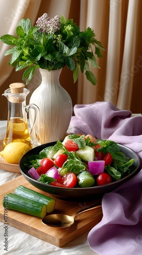 Fresh Colorful Salad with Herbs, Olive Oil, and Lemon on Table