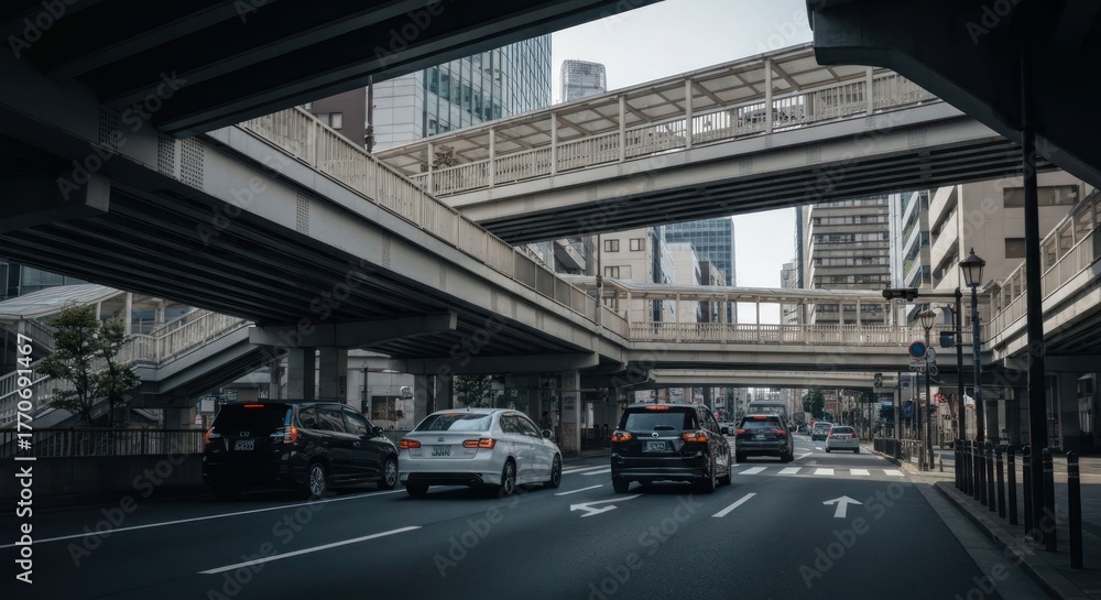 Fototapeta premium Cars driving on city road beneath elevated walkway and buildings