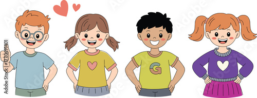 Cartoon children standing together, cheerful expressions, colorful outfits, friendship scene, happy kids, white background, playful mood, heart symbols, joy