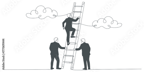 Continuous single line drawing of people climbing a ladder towards clouds symbolising success and ambition vector