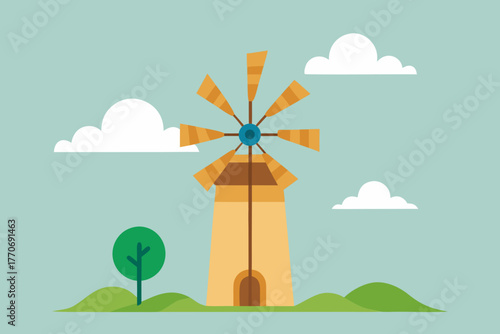Cartoon windmill spinning in the breeze vector illustration