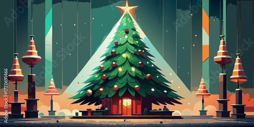 A colorful Christmas tree in Moscow featuring a bright star and sparkling ornaments surrounded by snow for the holiday season celebration