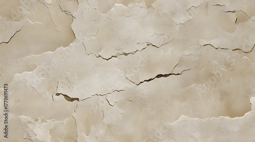 Textured surface displays irregular layers and deep fissures in muted earth tones