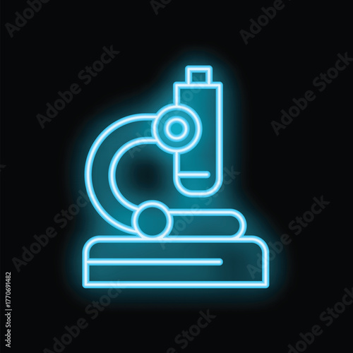 Bright blue neon icon of a microscope glowing against a black background