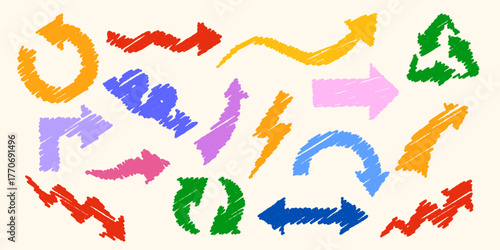 Vector set of colorful crayon arrows. Hand-drawn textured icons for infographic design, school projects, kids decor, posters, and educational materials