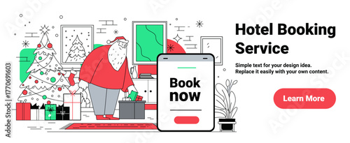 Santa hotel booking service Christmas New Year 2025 festive living room gifts tree digital tablet reservation modern flat design website banner