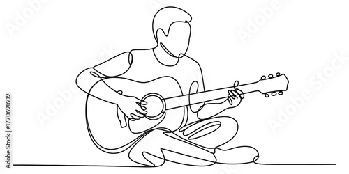 Continuous line drawing of a person sitting and playing an acoustic guitar vector
