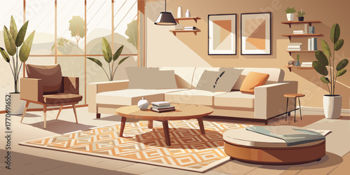 Modern living room interior with luxury furniture, including a table and chairs, featuring wooden decor and light from a window