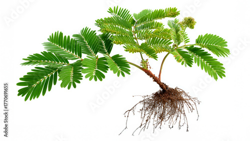 Mimosa pudica branch with green leaves, pink flower, buds, and roots, isolated on a white background.