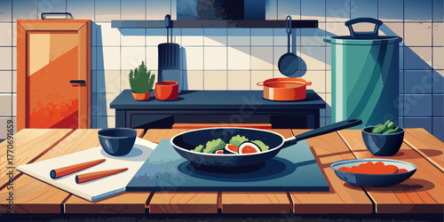 Home kitchen interior with a stove, cookware, and a dining table set for a meal