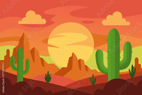 Cartoon cactus valley at sunrise vector illustration