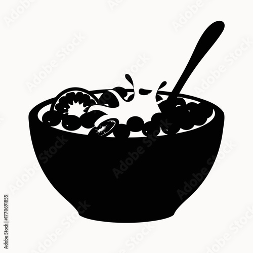 A black silhouette of a bowl filled with fruit and liquid with a spoon sticking out of the mixture