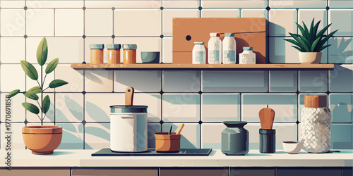 Gardening tools and blooming flowers resting on an old wood table in a sunny kitchen