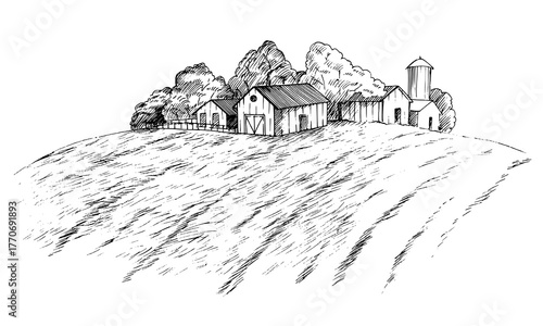 Farm landscape. Vector ink styled handmade illustration. For packaging design, cards, cover, prints, product labels and fabric.