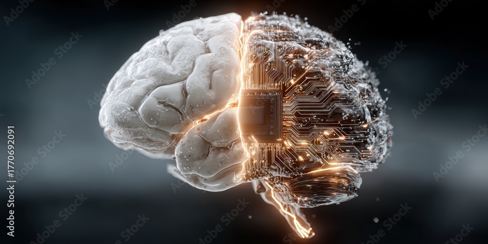 Fototapeta premium Futuristic glowing digital hologram of a brain emerging from a computer microchip. Concept of artificial intelligence