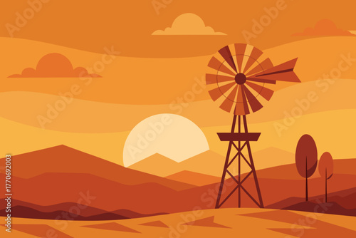 Cartoon desert windmill at sunset vector illustration