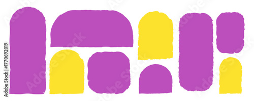 A set of purple and yellow torn paper shapes with jagged edges. Grunge arched frames and torn silhouettes for collages, stickers, labels, banners, scrapbooking, and vector tags.