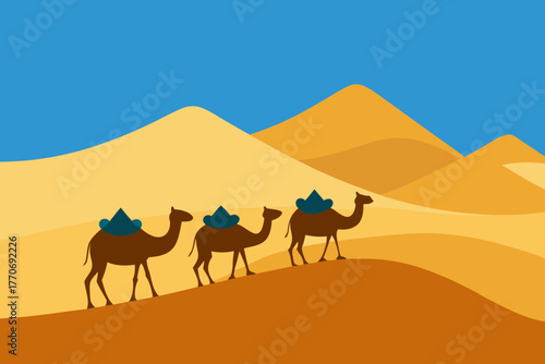 Cartoon camel caravan on sand dunes vector illustration