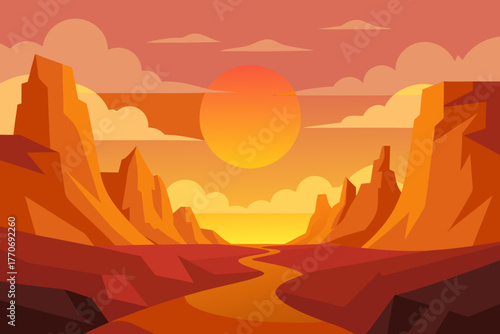Cartoon desert canyon at sunrise vector illustration