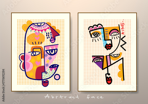 Artistic cubism doodle abstract face portrait vector illustration. Creative contemporary decorative line art people poster, wall art, prints design.