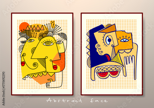 Artistic cubism doodle abstract face portrait vector illustration. Creative contemporary decorative line art people poster, wall art, prints design.