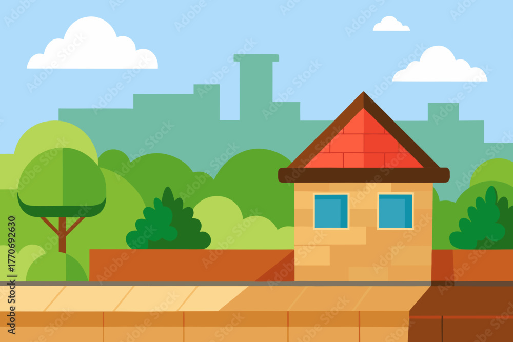 Fototapeta premium Cartoon rooftop with a garden view vector illustration