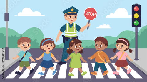Children crossing street with police officer, pedestrian safety, stop sign, traffic light, urban road, school zone, outdoor supervision scene