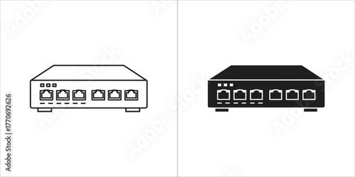 Network switch icon, router with ethernet ports, black and white