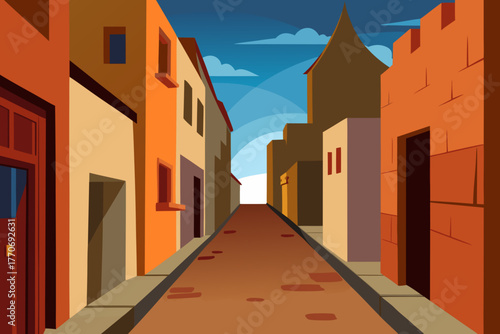 Cartoon old town alleyway vector illustration